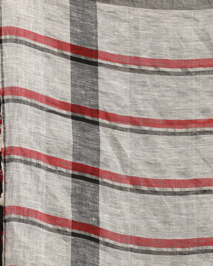 Women's Off White Red Traditional Check Linen Handloom Saree
