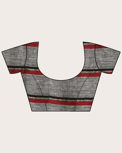 Women's Off White Red Traditional Check Linen Handloom Saree