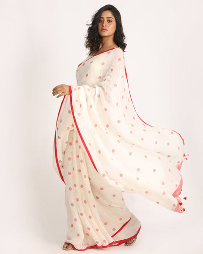Women's White Traditional Handloom Linen Jamdani Saree