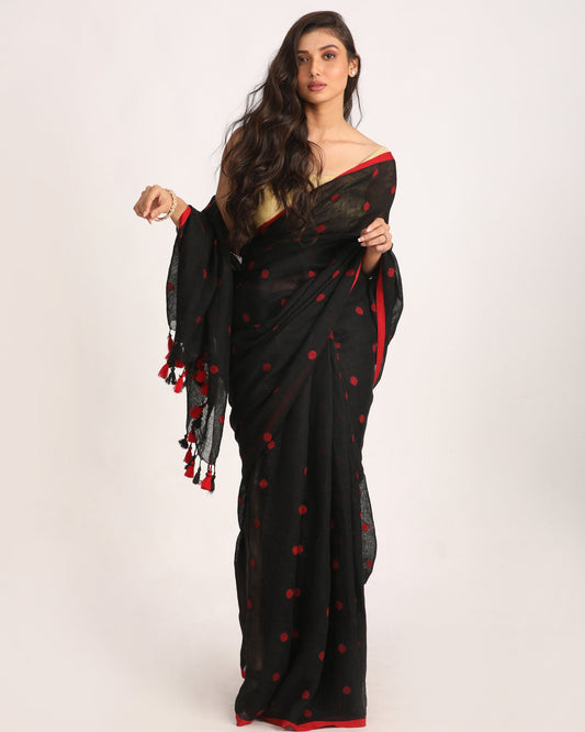 Women's Black Traditional Handloom Linen Jamdani Saree
