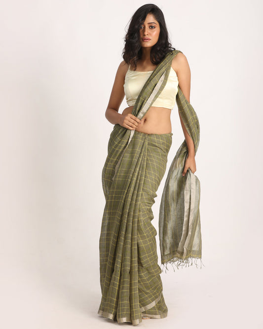 Women's Medium Spring Bud Traditional Check Linen Handloom Saree