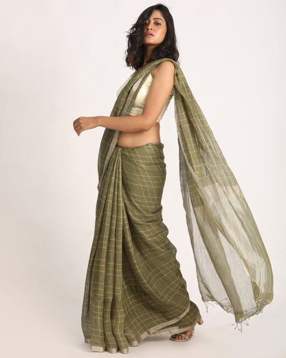 Women's Medium Spring Bud Traditional Check Linen Handloom Saree