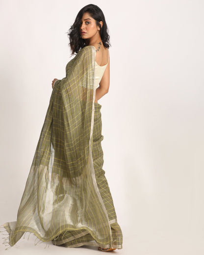 Women's Medium Spring Bud Traditional Check Linen Handloom Saree