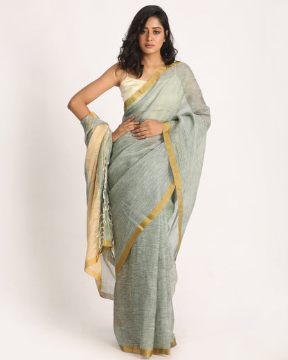 Women's Silver Green Traditional Handloom Tissue Linen Saree