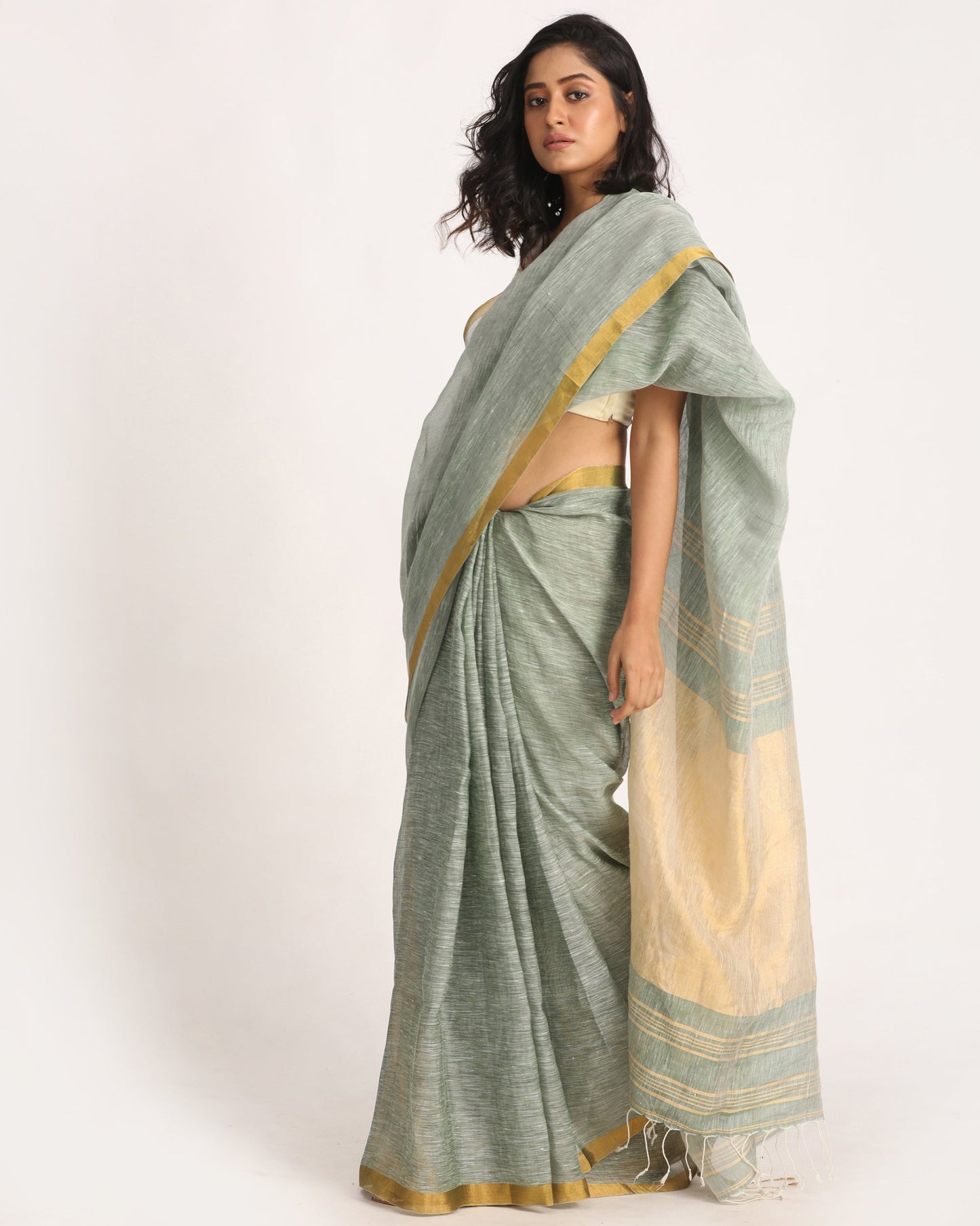 Women's Silver Green Traditional Handloom Tissue Linen Saree