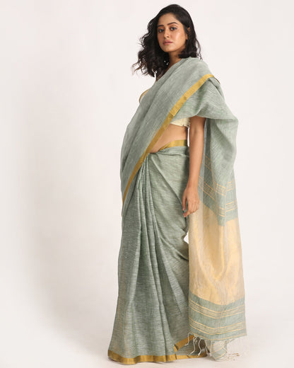 Women's Silver Green Traditional Handloom Tissue Linen Saree