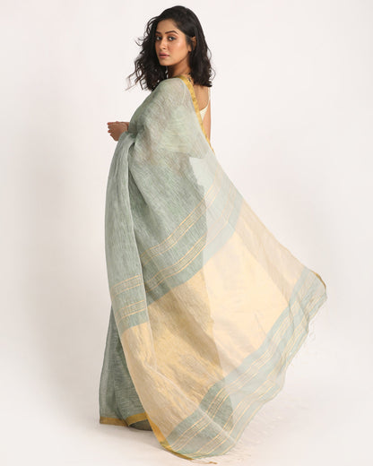 Women's Silver Green Traditional Handloom Tissue Linen Saree