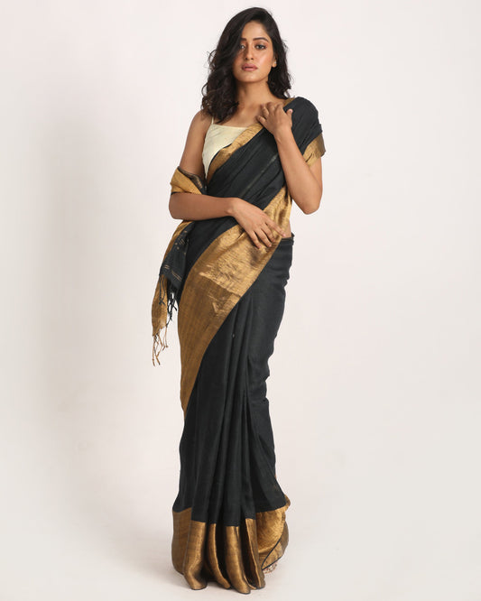 Women's Middle Black Navybluetraditional Handloom Linen Saree