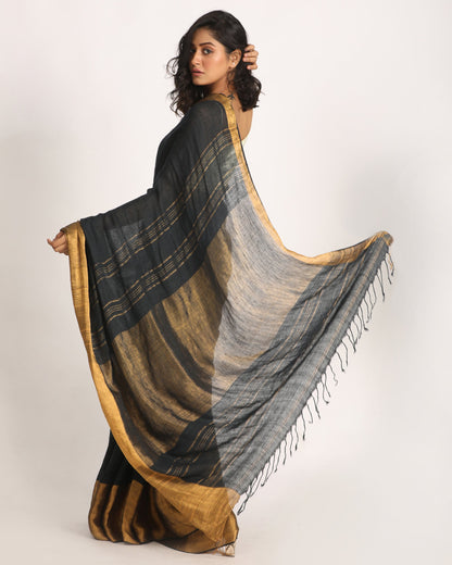Women's Middle Black Navybluetraditional Handloom Linen Saree