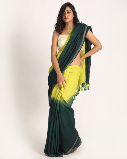 Women's Lemon Dark Greentraditional Handloom Linen Saree