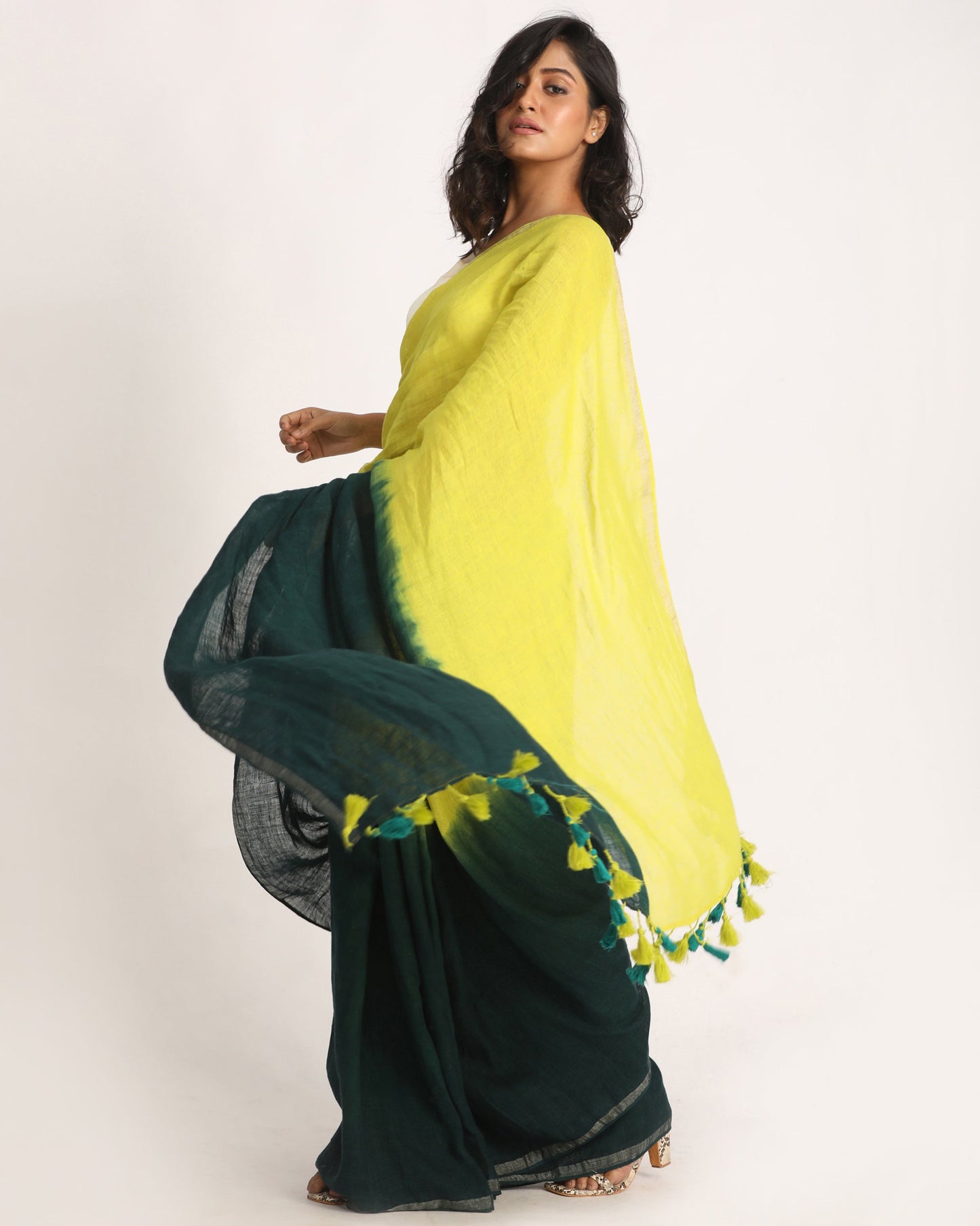 Women's Lemon Dark Greentraditional Handloom Linen Saree