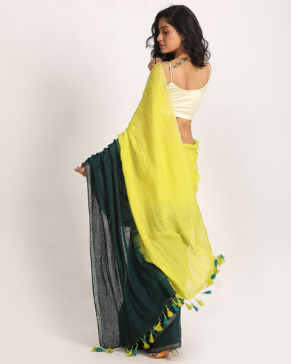 Women's Lemon Dark Greentraditional Handloom Linen Saree