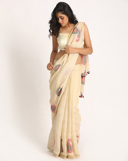 Women's Bisque Traditional Handloom Linen Jamdani Saree
