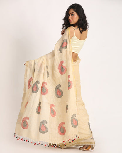 Women's Bisque Traditional Handloom Linen Jamdani Saree