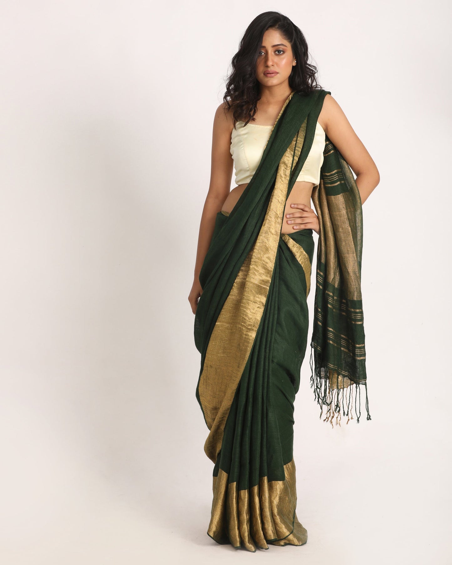 Women's Dark Greentraditional Handloom Linen Saree