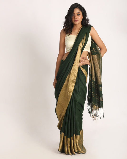 Women's Dark Greentraditional Handloom Linen Saree