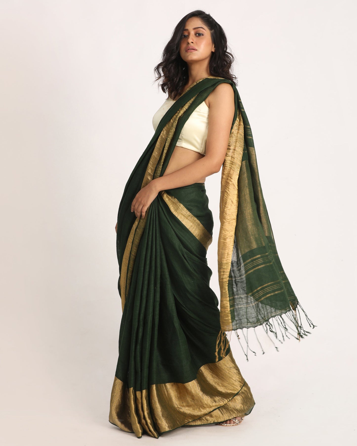 Women's Dark Greentraditional Handloom Linen Saree