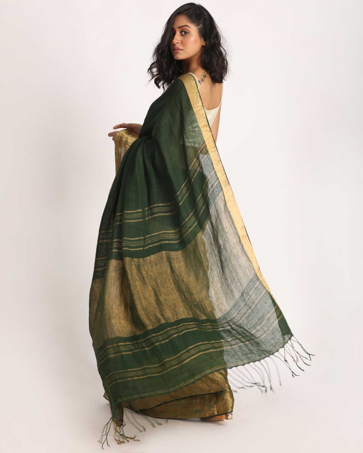 Women's Dark Greentraditional Handloom Linen Saree