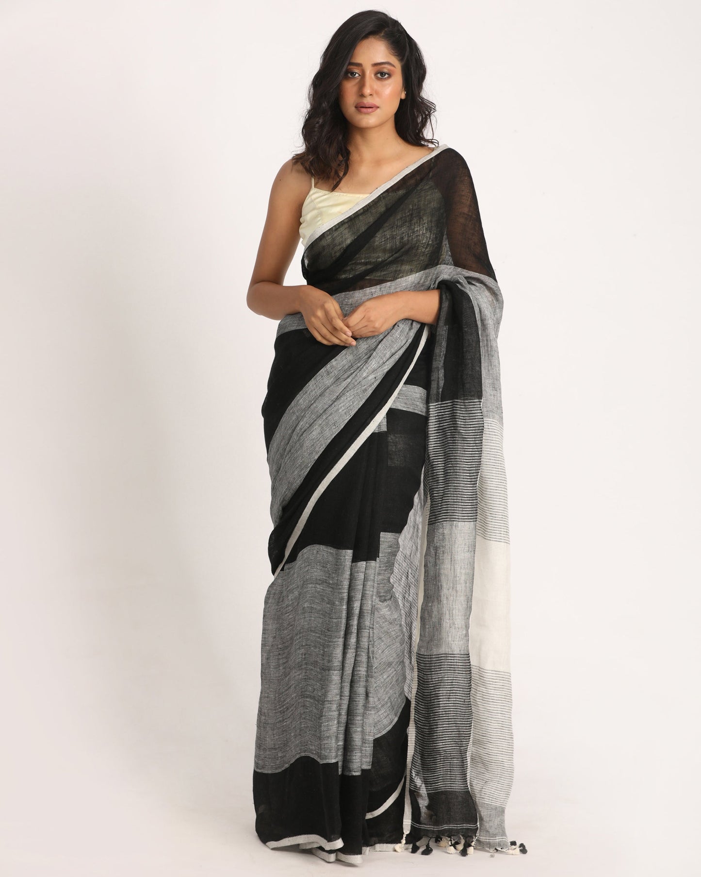 Women's Black Grey Traditional Handloom Linen Saree