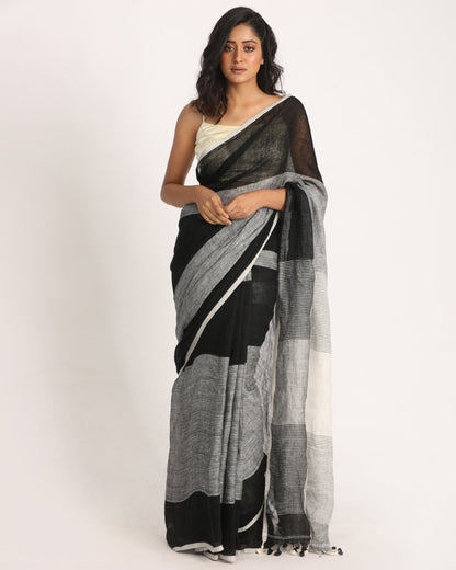 Women's Black Grey Traditional Handloom Linen Saree