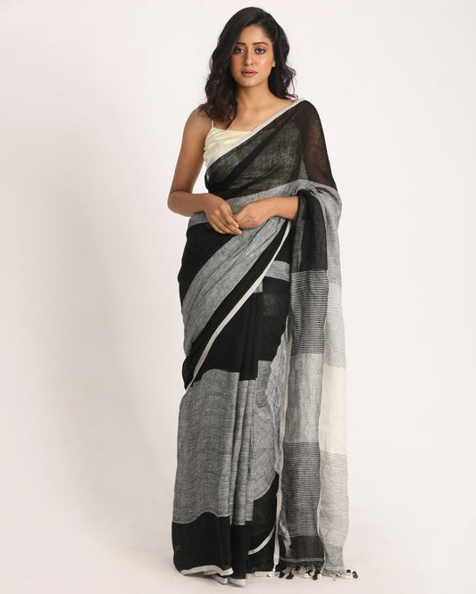 Women's Black Grey Traditional Handloom Linen Saree