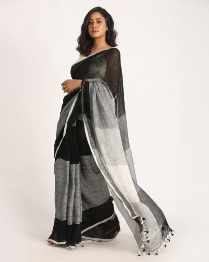 Women's Black Grey Traditional Handloom Linen Saree