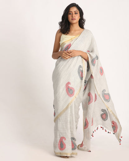 Women's Silver Greytraditional Handloom Linen Jamdani Saree