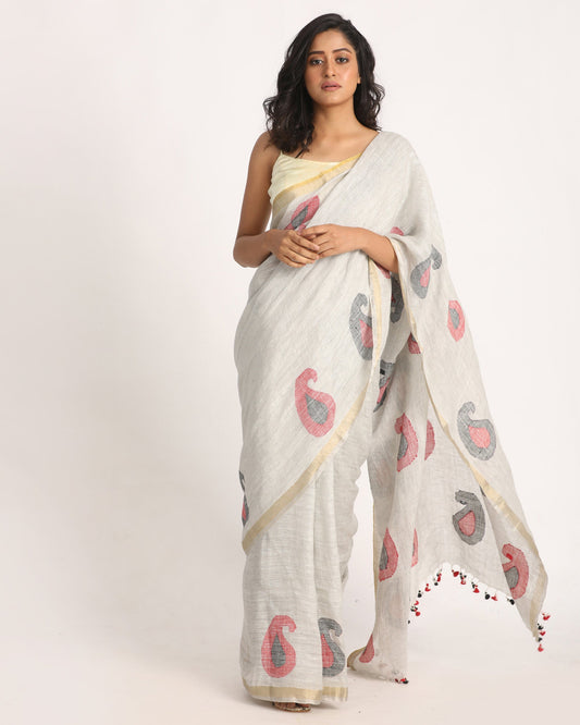 Women's Silver Greytraditional Handloom Linen Jamdani Saree