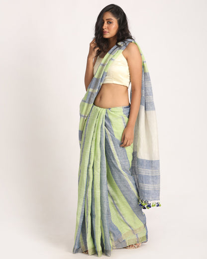 Women's Green Blue Traditional Handloom Check Linen Saree