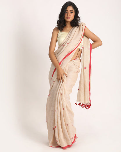 Women's Cream Traditional Handloom Linen Jamdani Saree