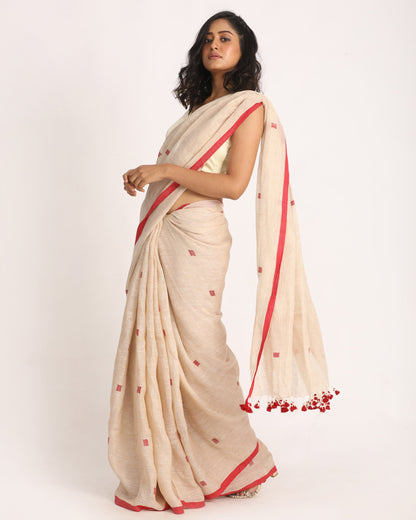 Women's Cream Traditional Handloom Linen Jamdani Saree