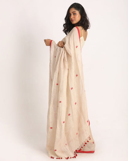 Women's Cream Traditional Handloom Linen Jamdani Saree