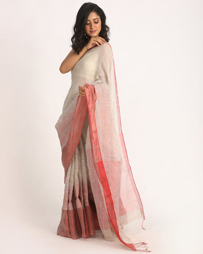 Women's Design Zari Border Light Grey Handloom Traditional Linen Saree
