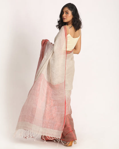 Women's Design Zari Border Light Grey Handloom Traditional Linen Saree
