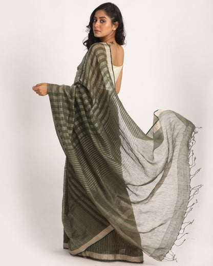 Women's Dark Moss Green Traditional Check Linen Handloom Saree