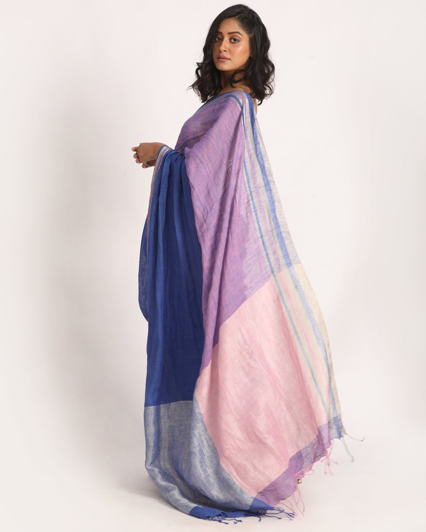 Women's Royel Blue Light Pink Traditional Handloom Linen Saree