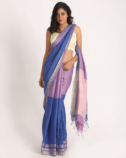 Women's Royel Blue Light Pink Traditional Handloom Linen Saree