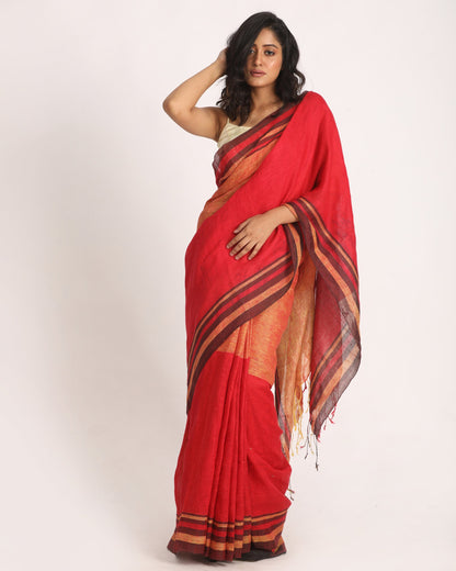 Women's Red Mustard Traditional Handloom Linen Saree