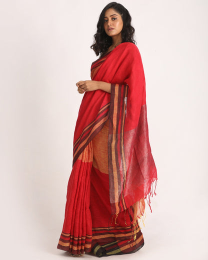 Women's Red Mustard Traditional Handloom Linen Saree