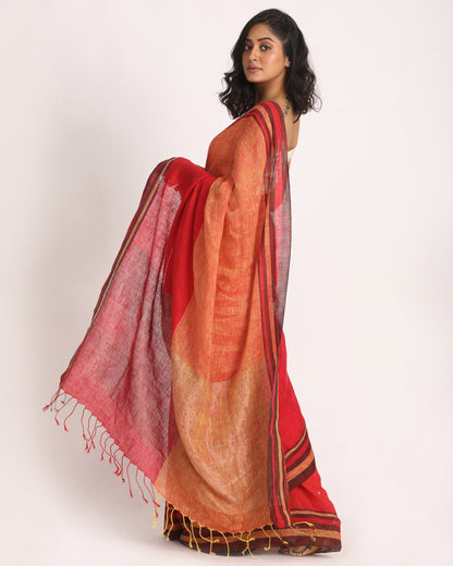 Women's Red Mustard Traditional Handloom Linen Saree