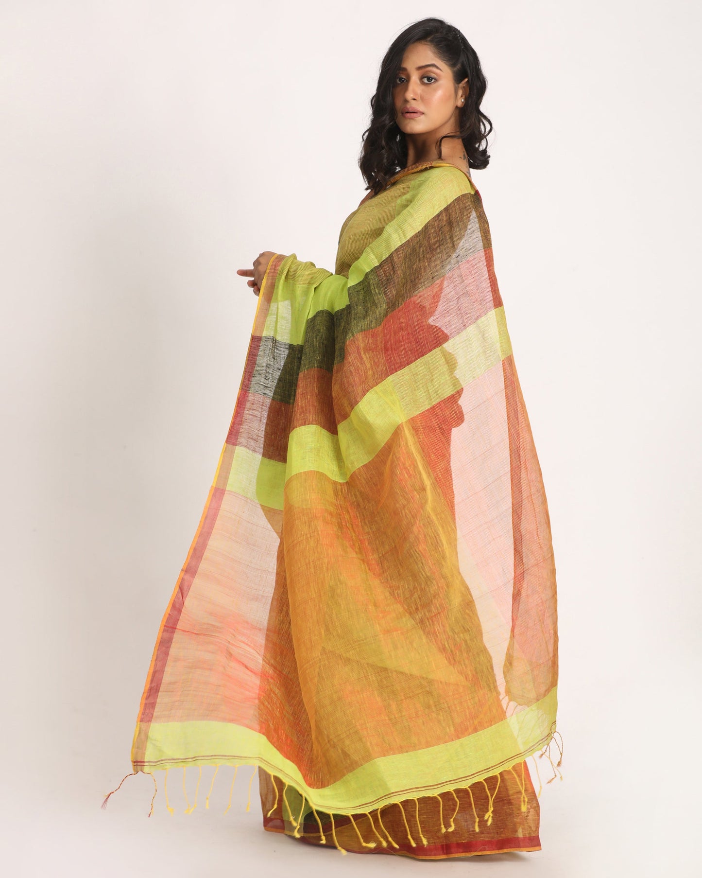 Women's Lemon Black Traditional Handloom Check Linen Saree