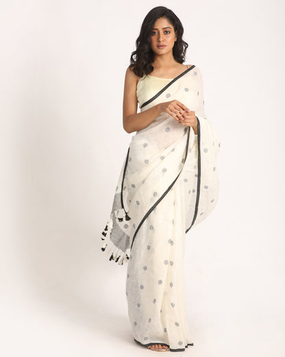 Women's White Traditional Handloom Linen Jamdani Saree