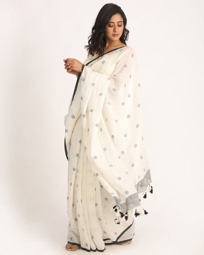 Women's White Traditional Handloom Linen Jamdani Saree