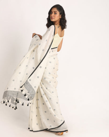 Women's White Traditional Handloom Linen Jamdani Saree