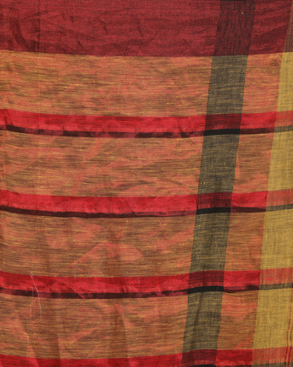 Women's Muga Red Traditional Check Linen Handloom Saree