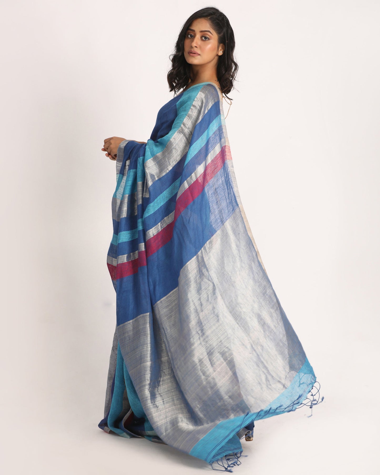 Women's Multicolour Traditional Handloom Check Linen Saree