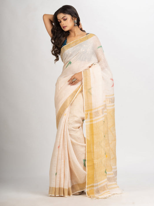 Women's Faded Pink Traditional Handloom Linen Jamdani handloom Saree
