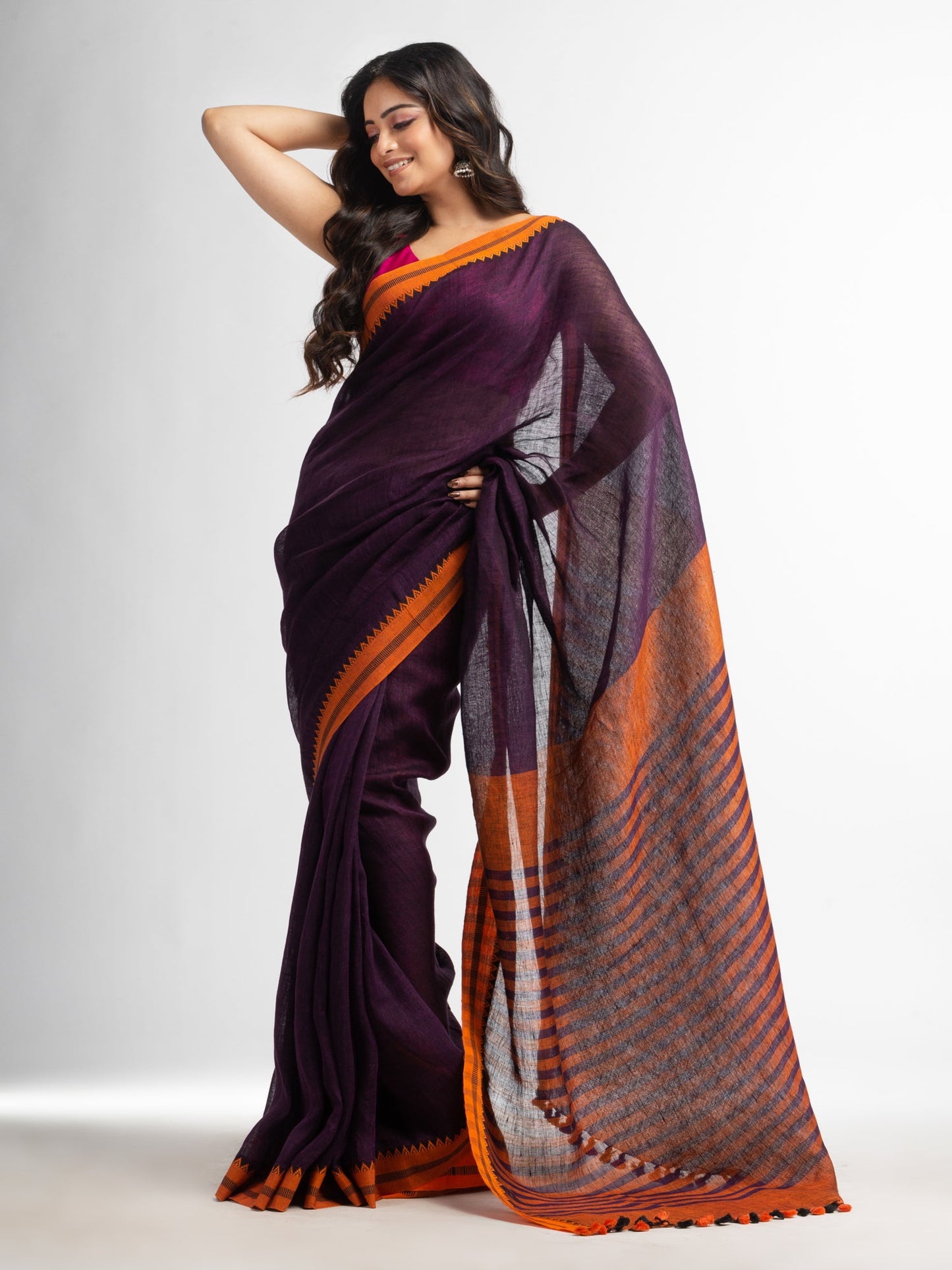 Women's Purple with multe colour pallu in jacquard design Handwoven linen Saree