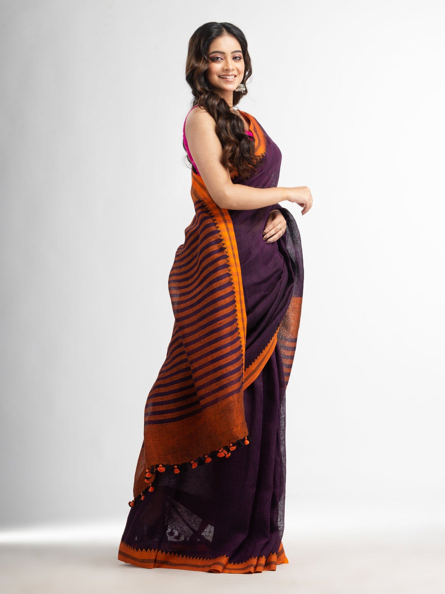 Women's Purple with multe colour pallu in jacquard design Handwoven linen Saree
