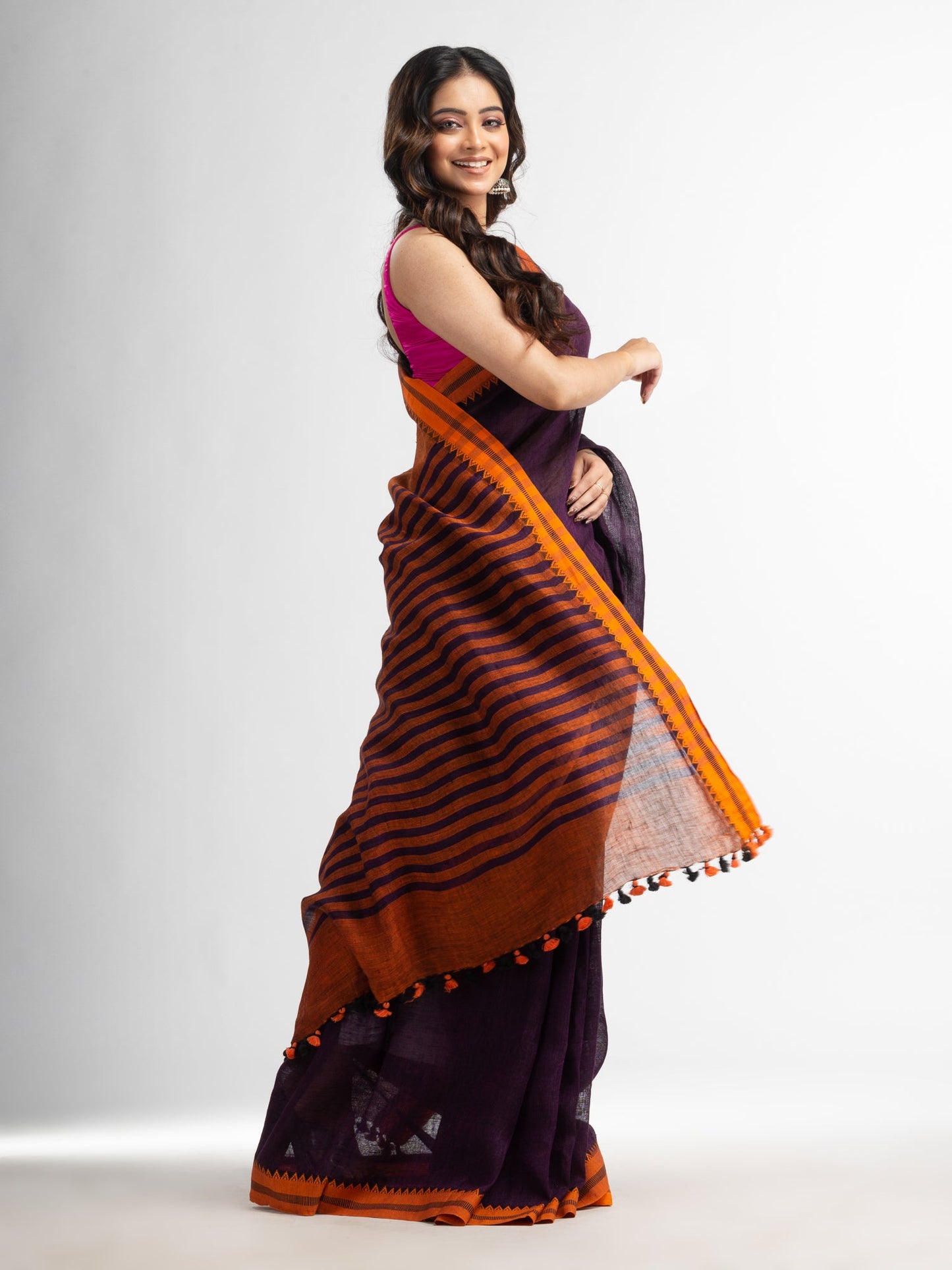 Women's Purple with multe colour pallu in jacquard design Handwoven linen Saree